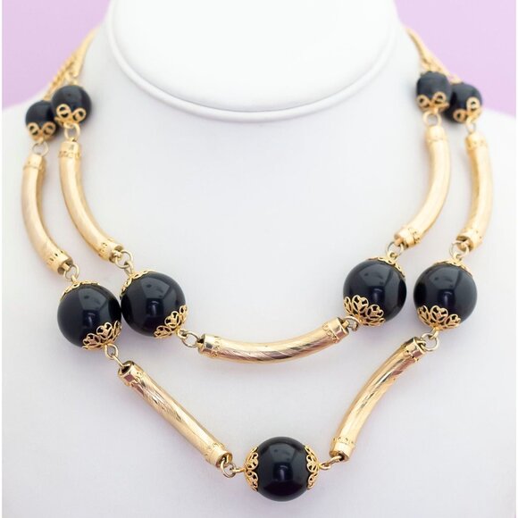 Vintage Gothic Black and Gold Tone Multi-Strand Necklace 18 Inches - Q22 - Picture 2 of 3